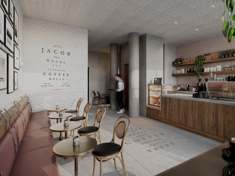 Coffee shop interior with brick walls, cosy seating, and a wooden counter, featuring a barista and plants for ambiance.