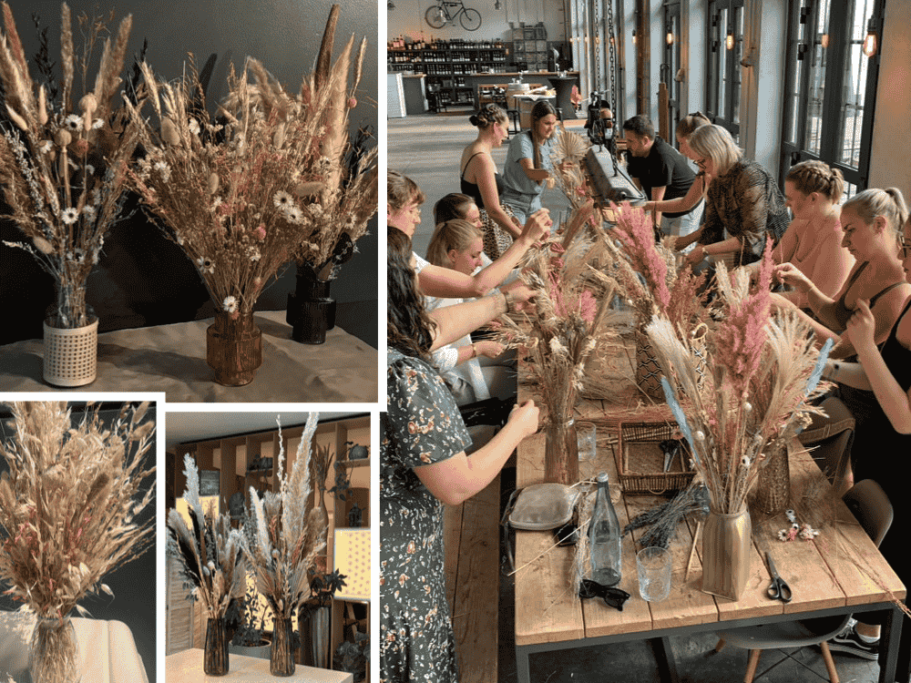 People gathered around a table arranging dried flowers in vases, creating a warm and rustic atmosphere. Close-ups show various bouquets in detail.