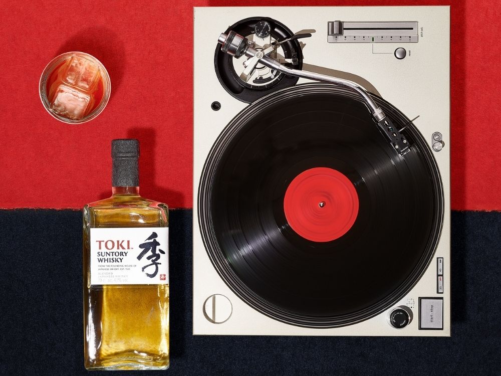 toki suntory whiskey bottle with vinyl player
