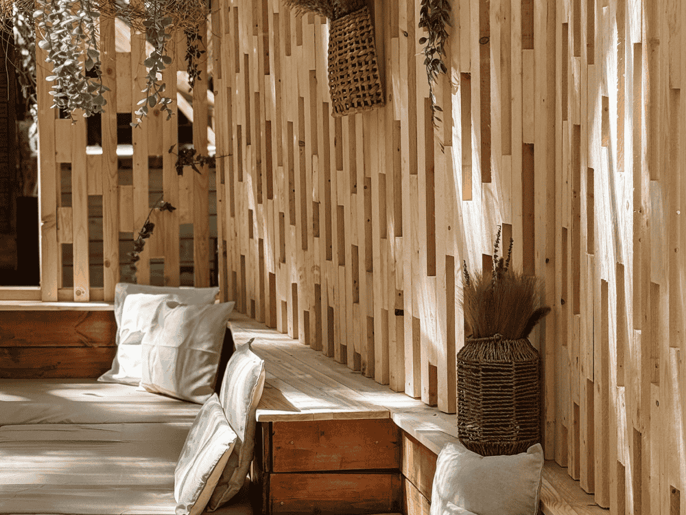 Cosy wooden patio with beige cushions, woven decor, and hanging greenery on a sunny day.