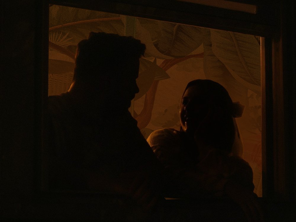 Silhouettes of two people leaning out of a dimly lit window, suggesting a calm night scene.