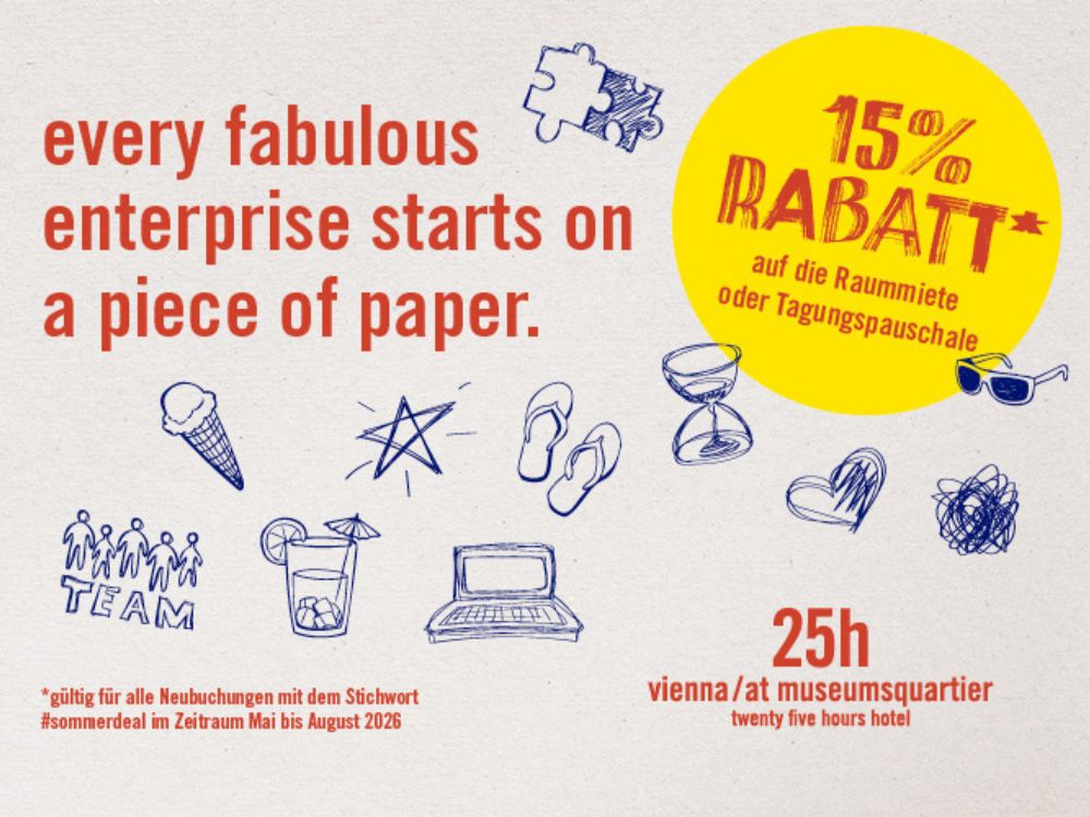 Promotional image offering 15% discount at 25h hotel Vienna, featuring sketches and the phrase "every fabulous enterprise starts on a piece of paper."