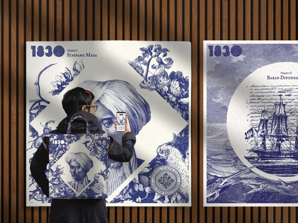 A woman photographing a poster featuring a ship, capturing the artwork's details and design.