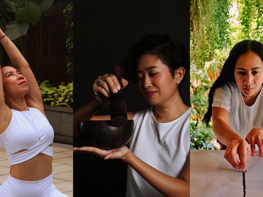 Three images of women practicing yoga; one woman holds a bowl, showcasing mindfulness and wellness activities.